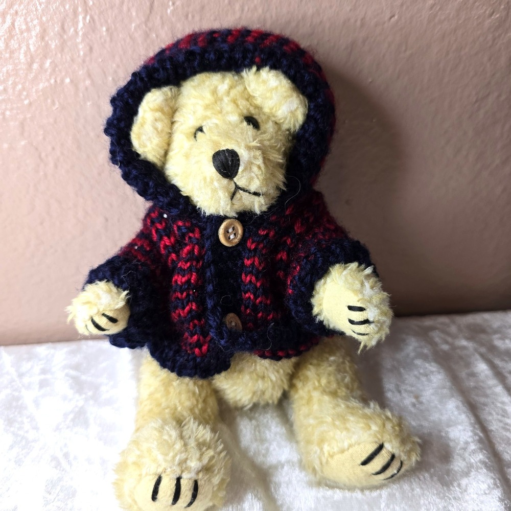 Vintage‎ 1998 Hugfun Teddy Bear Plush Red Blue Knit Sweater Hooded Jacket Toy